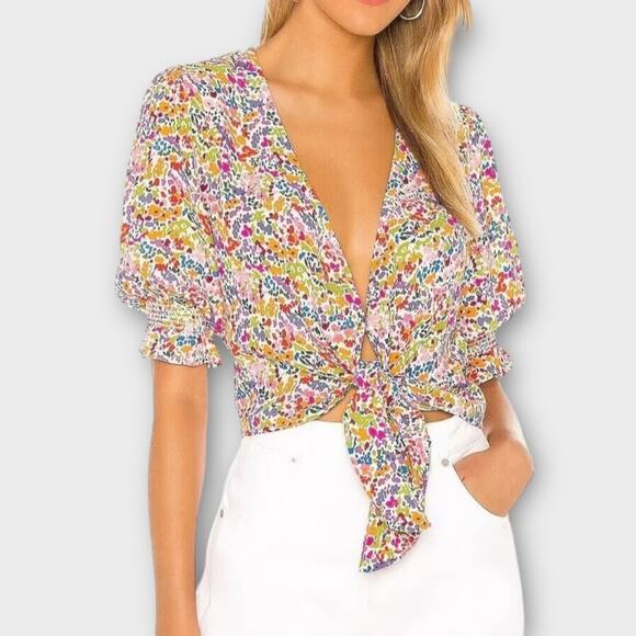 Show Me Your MuMu Kimmy Tie Top Women's Large Rainbow‎ Fields Half Sleeve V-Neck - Picture 1 of 9